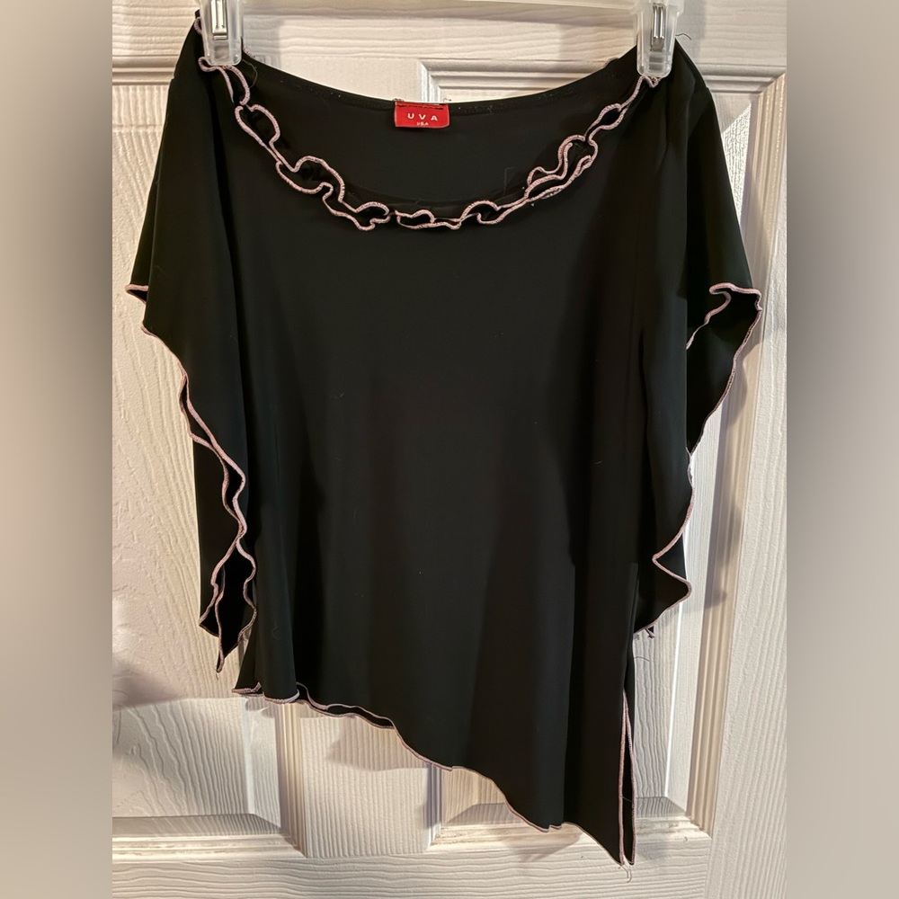 Black Asymmetrical Blouse with Flutter Sleeves and Pink Stitching with Ties